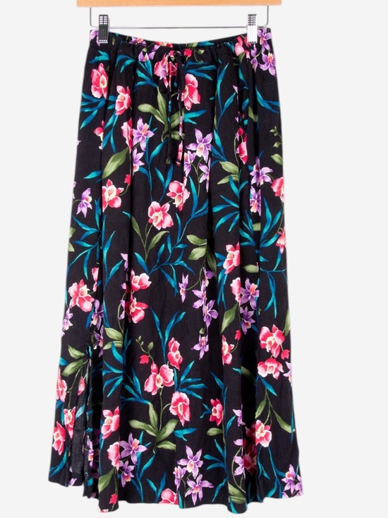 Jaclyn Smith Dresses & Skirts - vintage 90s black tropical floral rayon gauze broomstick maxi skirt